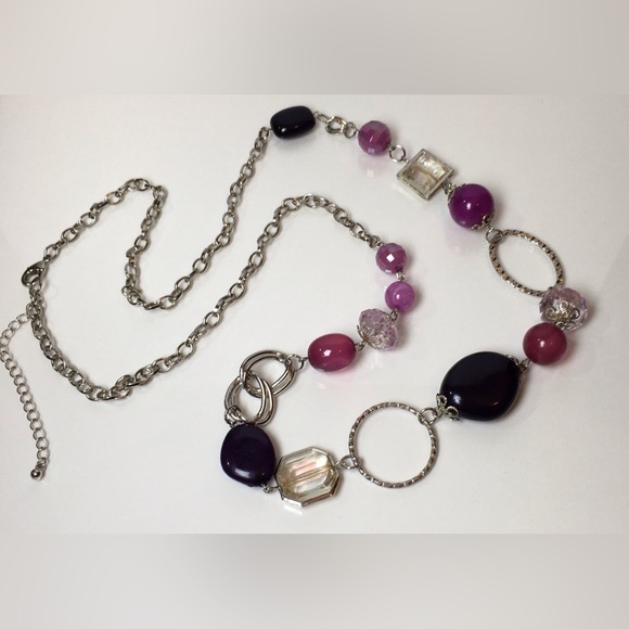 Pink And Purple Bead Silver Tone Chain Necklace 36.5 Inches - Picture 6 of 6